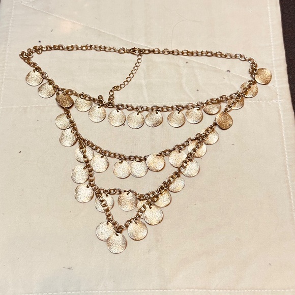 Gold Tone 4 Strand Layered Bib Necklace w/Several Round Discs per Layer - Picture 9 of 10